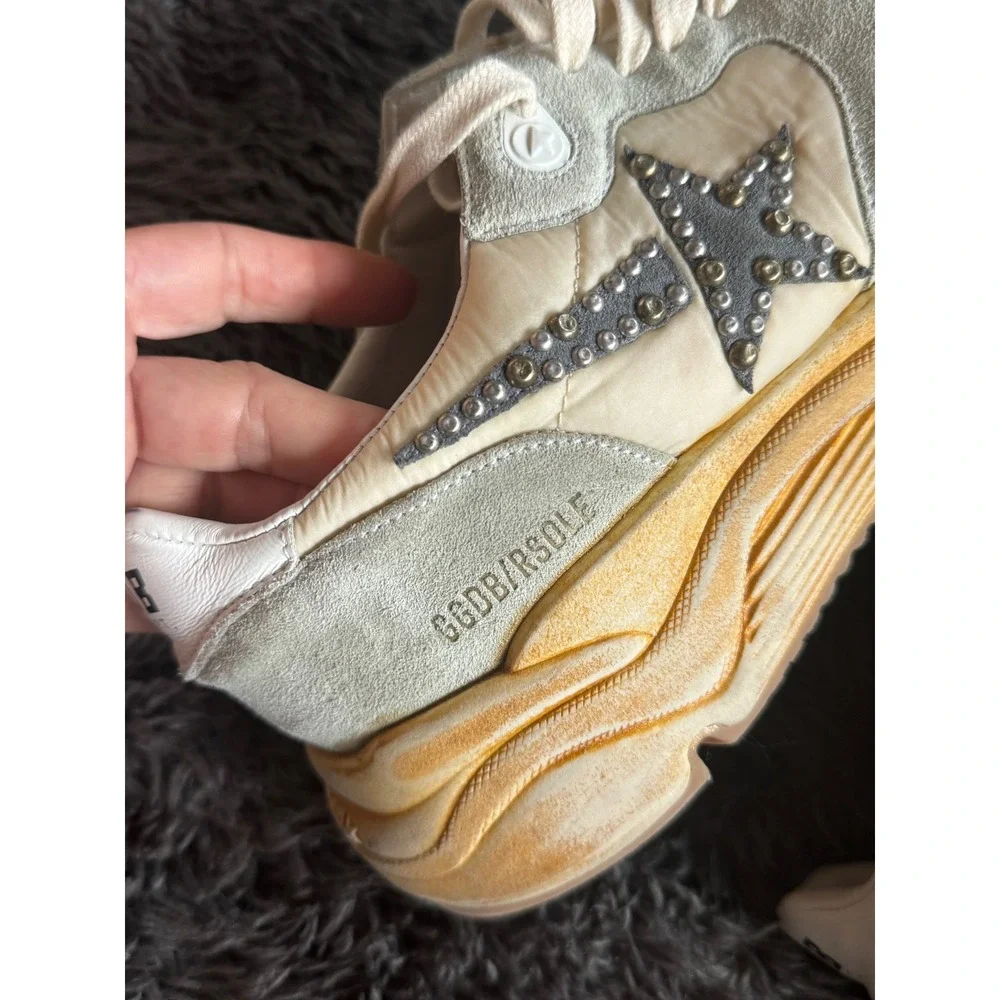 Golden Goose Running Sole Sneakers Studded Star Grey Suede Cream Mens IT 43